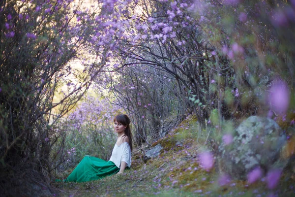 Una Ragazza Cammina Fiore Fiori Sullo Sfondo Paesaggio Montano Fiori — Foto Stock