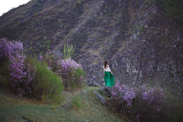 Een Meisje Loopt Bloei Van Bloemen Tegen Achtergrond Van Een — Stockfoto