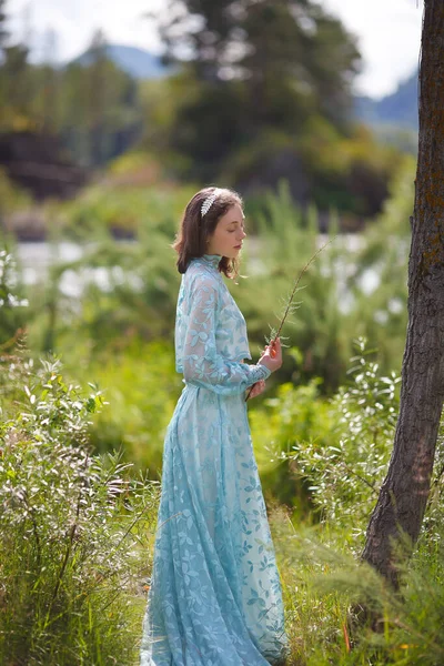 Historia Ninfa Del Bosque Chica Con Vestido Azul Bosque Fotosesión — Foto de Stock