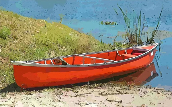 Barco solitario en la pintura de la orilla del río —  Fotos de Stock