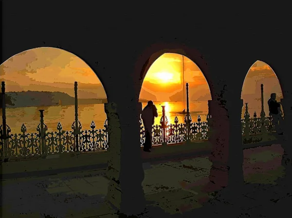 Άνθρωποι στο ηλιοβασίλεμα στη γέφυρα ζωγραφίζοντας — Φωτογραφία Αρχείου