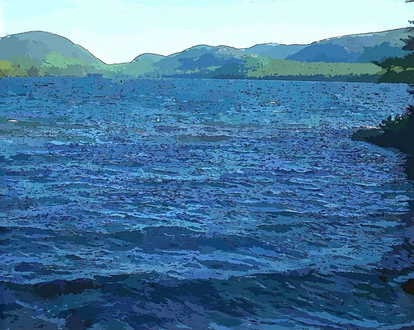 Un cuerpo de agua con una montaña en la pintura de fondo — Foto de Stock