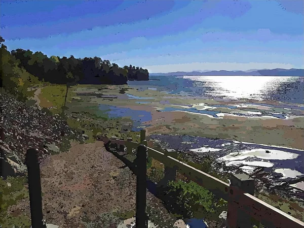 Une vue sur l'eau et une montagne dans la peinture de fond — Photo