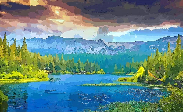 Schöne Malerei von Bergen und grünen Kiefernwäldern und Teich — Stockfoto