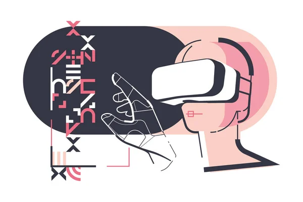 Realidade Virtual Homem Trabalhando Óculos Luvas Virtuais Cor Preta Rosa — Vetor de Stock