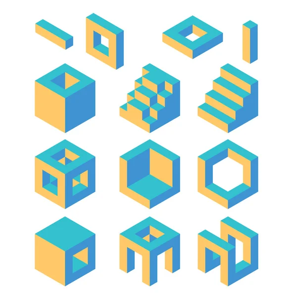 Set Geometric Blocks Different Shapes Contrast Colors Isometric Illustration — Stock Vector