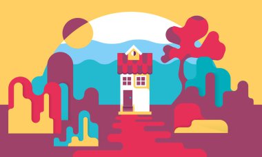 karikatür orman, ağaçlar ve köy evi, renkli gradyan yatay, düz illüstrasyon