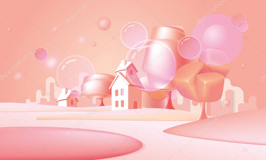 3d dibujo animado paisaje rosa ilustración, bosque, árboles y casa de  pueblo, tierra de ensueño, mundo lolipops fantasía 2023