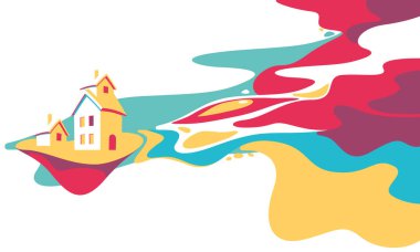 karikatür fantezi manzara illüstrasyon, köy evi ve nehir, hayal, hayal dünyası