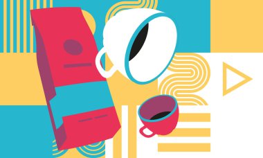 Kahve saati pop sanat tarzı. Kahve ve kahve kutusu. Düz vektör çizim