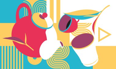 Çay zaman pop sanat tarzı. çay yaprakları, çay, Kupası, cam, izometrik çizimde, ayarla