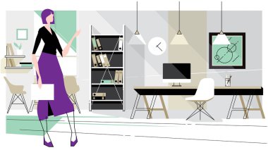 Çatı katı tarzında modern bir ofiste kız müdür.