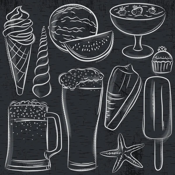 Set Summer Symbols Shells Beer Ice Cream Watermelon Blackboard Background — Stock Vector
