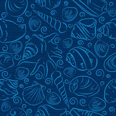 Yaz sembolleri, kabuklu deniz ürünleri ile mavi bir arka plan üzerinde istiridye Dikişsiz desen illüstrasyon vektör