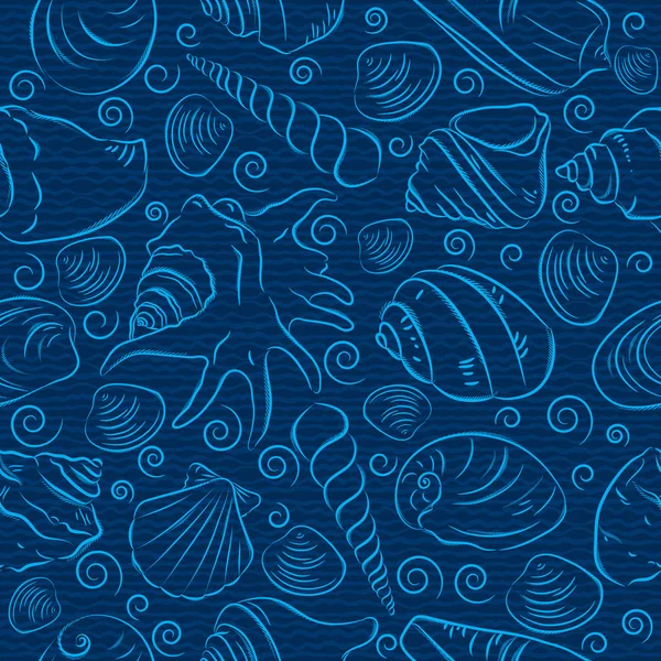 Seamless Patterns Summer Symbols Shellfish Clams Blue Backgrounds Vector Illustration — Stock Vector