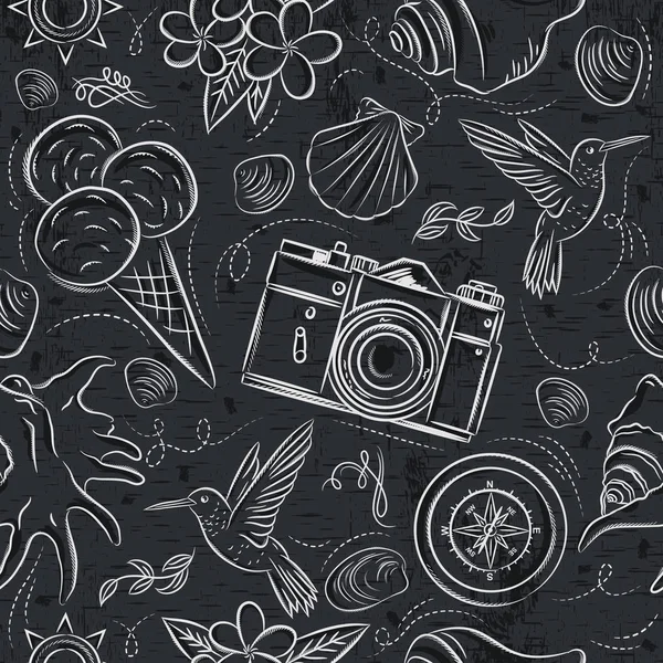 夏のシンボル ハチドリ アイスクリーム カメラ シームレスなパターンは花グランジ黒板 ベクトル イラスト — ストックベクタ