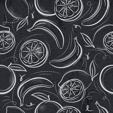 Muz, portakal ve limon grunge yazı tahtası üzerinde sorunsuz desenlerle