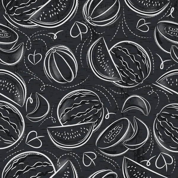 Motifs Sans Couture Avec Melon Pastèque Sur Tableau Noir Grunge — Image vectorielle