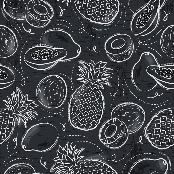 Seamless Patterns Papaya Coconut Pineapple Grunge Blackboard — Stock Vector