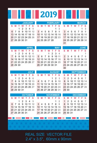 Calendario Bolsillo 2019 Comenzar Domingo — Archivo Imágenes Vectoriales