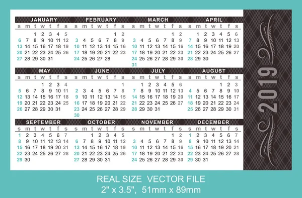 Calendrier Poche 2019 Commencer Dimanche Vecteur — Image vectorielle