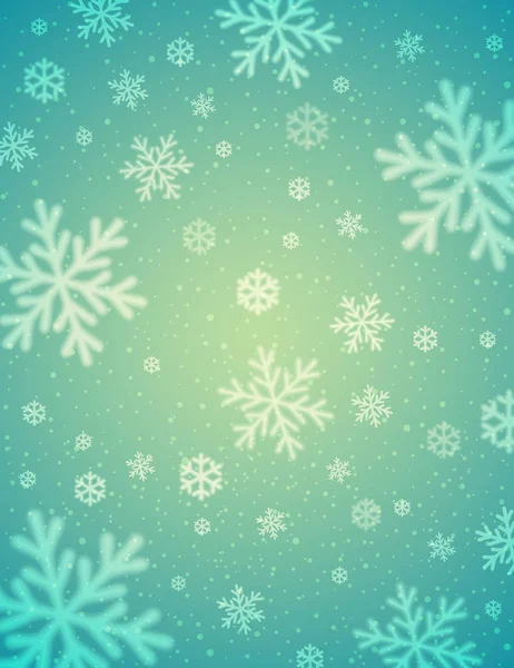 Groene Achtergrond Met Witte Wazig Sneeuwvlokken Vectorillustratie — Stockvector