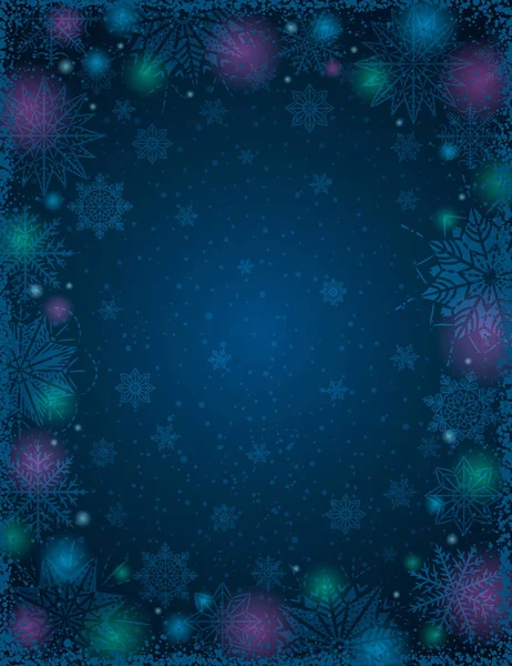 Fondo Azul Navidad Con Marco Copos Nieve Estrellas Ilustración Vectorial — Archivo Imágenes Vectoriales