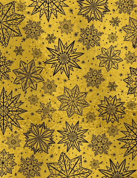 Gyllene Glänsande Jul Bakgrund Med Svart Snöflingor Och Stjärnor Vektorillustration — Stock vektor