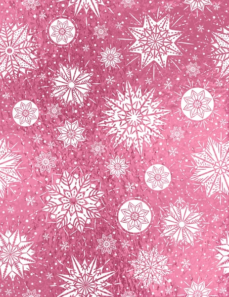 Fondo Navidad Brillo Rosa Con Copos Nieve Blancos Estrellas Ilustración — Archivo Imágenes Vectoriales