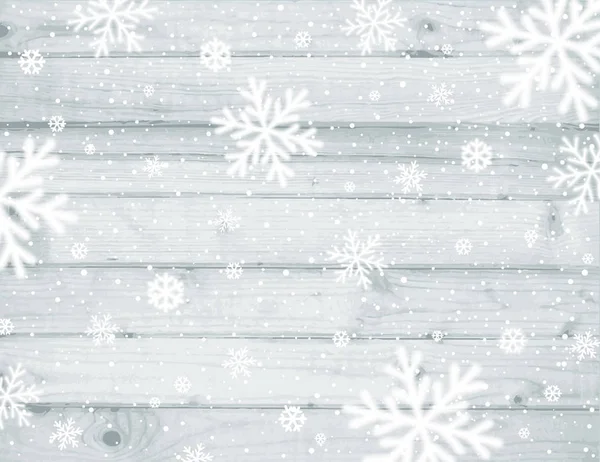 Houten Kerstmis Achtergrond Met Wazig Witte Sneeuwvlokken Vectorillustratie — Stockvector