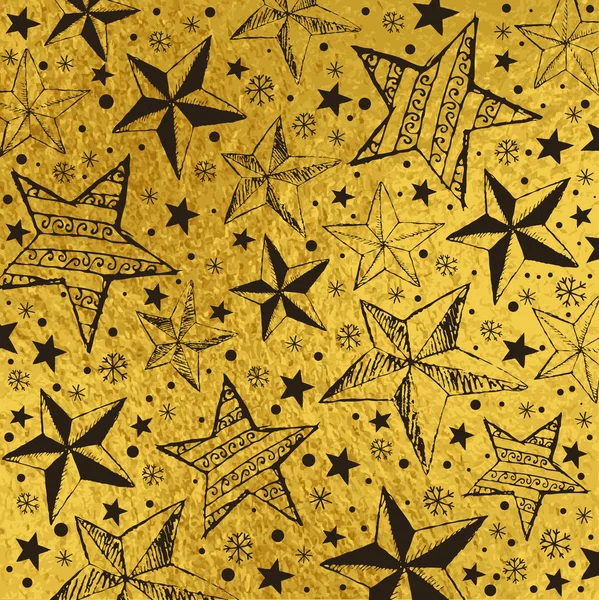 Fundo Brilho Dourado Com Estrelas Natal Pretas Flocos Neve Ilustração — Vetor de Stock