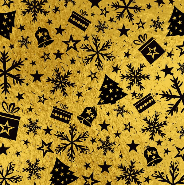 Fundo Natal Brilhante Dourado Com Sino Preto Flocos Neve Estrela — Vetor de Stock