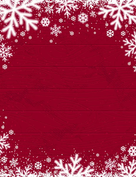 Fundo Natal Madeira Vermelho Com Flocos Neve Brancos Borrados Ilustração — Vetor de Stock