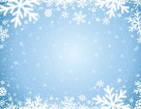 Blauwe Achtergrond Met Witte Wazig Sneeuwvlokken Vectorillustratie — Stockvector