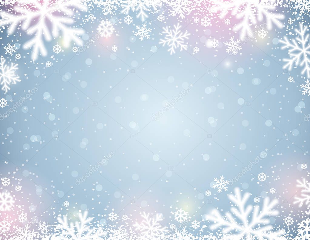 Blue  background with white blurred snowflakes, vector illustration