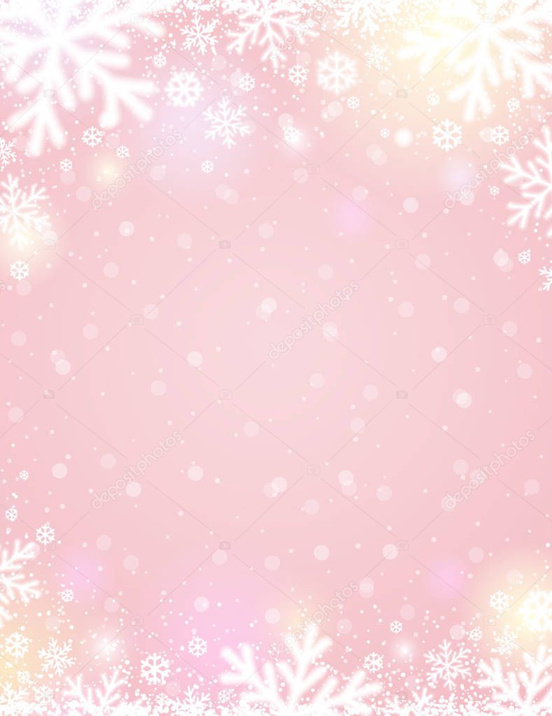 Pink christmas background with white blurred snowflakes, vector illustration