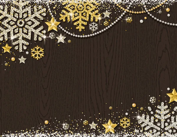 Коричневый Рождественский Деревянный Фон Обрамлением Золотых Серебряных Сверкающих Снежинок Звезд — стоковый вектор