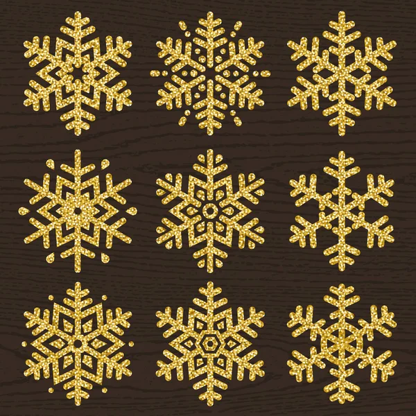 Set Golden Glittering Snowflakes Line Stile Brown Wooden Backgrounds Vector — Stock Vector