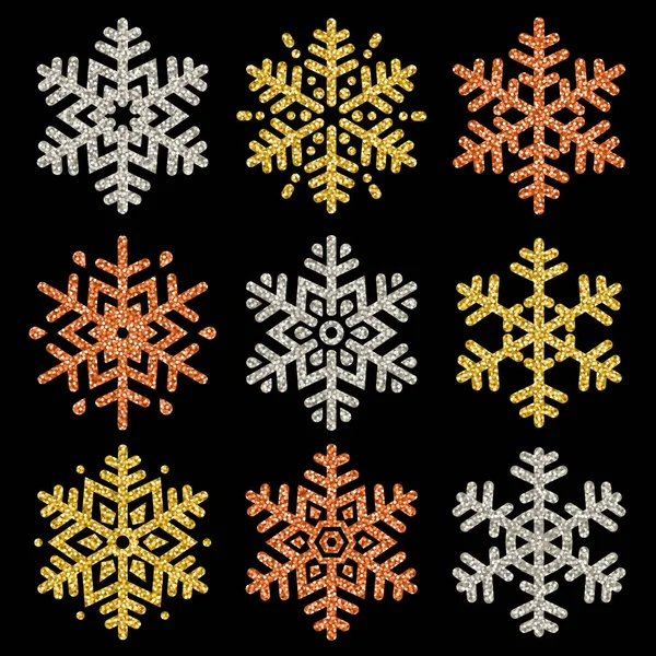 Farbige Glitzernde Schneeflocken Auf Schwarzem Hintergrund Vektor Illustration — Stockvektor