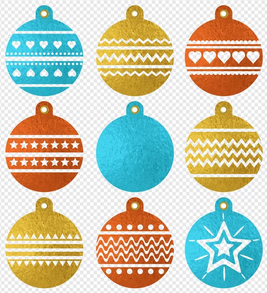 Set Kleur Gouden Glittering Kerstballen Transparante Achtergrond Vectorillustratie — Stockvector