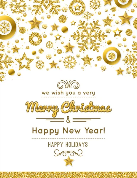 White Christmas Card Golden Glittering Snowflakes Stars Vector Illustration — Stock Vector