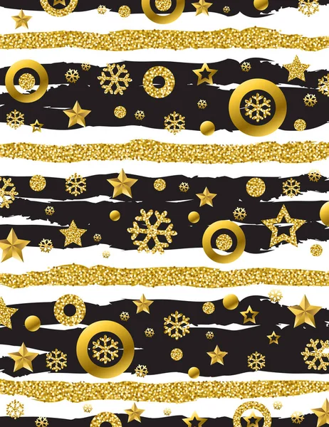 金色のきらびやかな雪 星とブラシ ベクター イラスト クリスマス ストライプ背景 — ストックベクタ