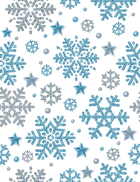 Fondo Patrón Sin Costuras Navidad Con Plata Azul Brillantes Copos — Vector de stock