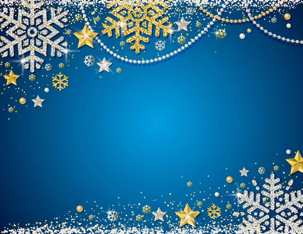 Blue Christmas Background Frame Golden Silver Glittering Snowflakes Stars Garlands — Stock Vector