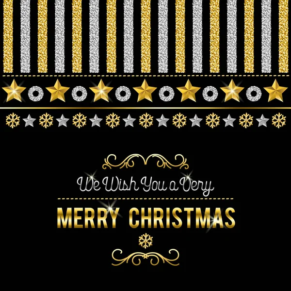 Schwarze Weihnachtskarte Mit Goldenen Und Silber Glitzernden Schneeflocken Und Sternen — Stockvektor