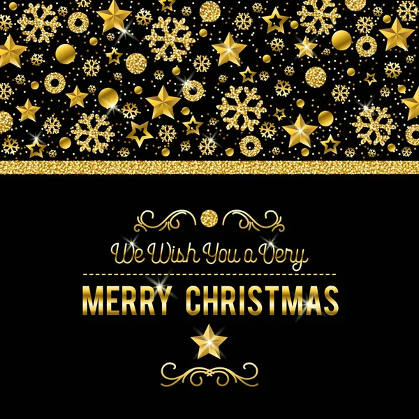 Schwarze Weihnachtskarte Mit Goldenen Glitzernden Schneeflocken Und Sternen Vektor Illustration — Stockvektor