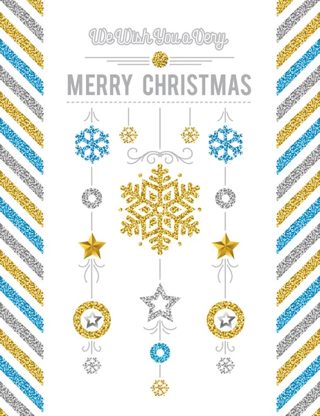 黄金のクリスマス カードを白し 銀のキラキラの雪の結晶と星 ベクトル図 — ストックベクタ