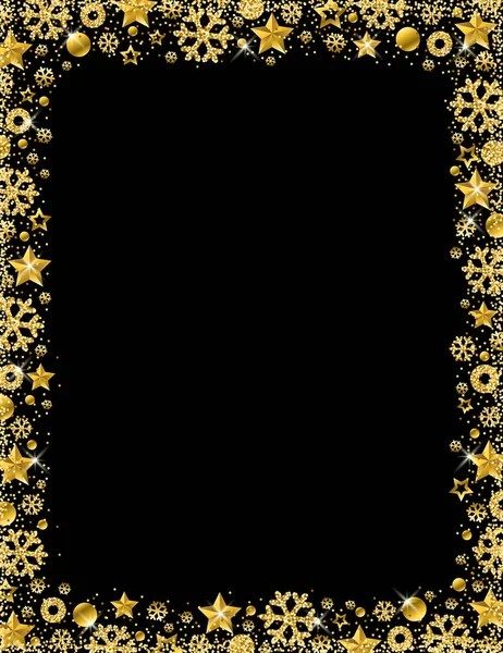 Black Christmas Card Border Golden Glittering Snowflakes Stars Vector Illustration - Stok Vektor