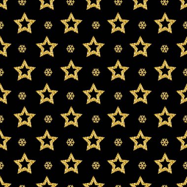 Siyah altın ışıltılı kar taneleri ve yıldız, vektör çizim ile Noel desen arka plan