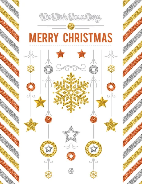 Christmas Card Golden Silver Glittering Snowflakes Stars Vector Illustration — Stock Vector